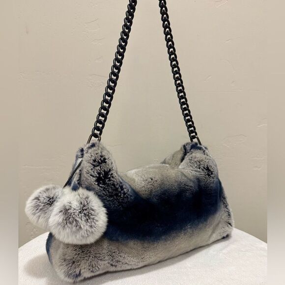 Gray Gradient Real Rex Rabbit Fur Soft Slouchy Bag/Crossbody & Fur Balls Charm - Picture 9 of 17